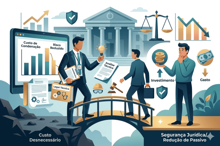 Ilustração em estilo vetor mostrando a Assistência Técnica como uma ponte entre os custos desnecessários de um processo trabalhista e a segurança jurídica com redução de passivo.