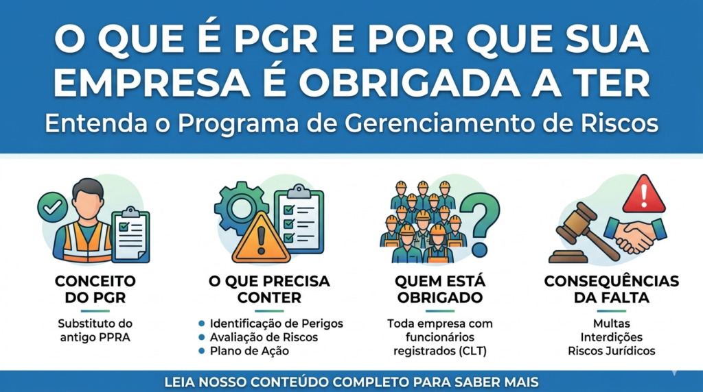Infográfico profissional sobre o Programa de Gerenciamento de Riscos (PGR) para empresas. O topo da imagem traz o título 'O QUE É PGR E POR QUE SUA EMPRESA É OBRIGADA A TER', seguido do subtítulo 'Entenda o Programa de Gerenciamento de Riscos'. Abaixo, há quatro seções com ícones e texto: 1. CONCEITO DO PGR (substituto do antigo PPRA), com ícone de profissional de segurança; 2. O QUE PRECISA CONTER (identificação de perigos, avaliação de riscos, plano de ação), com ícones de engrenagem e checklist; 3. QUEM ESTÁ OBRIGADO (toda empresa com funcionários CLT), com ícone de grupo de trabalhadores; 4. CONSEQUÊNCIAS DA FALTA (multas, interdições, riscos jurídicos), com ícones de martelo e aperto de mão. A base contém a frase 'LEIA NOSSO CONTEÚDO COMPLETO PARA SABER MAIS'. O design utiliza cores azul, branco e verde.